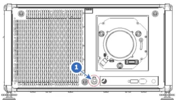 Technical diagram of an electronic device rear panel with labeled components and a numbered annotation pointing to a component.