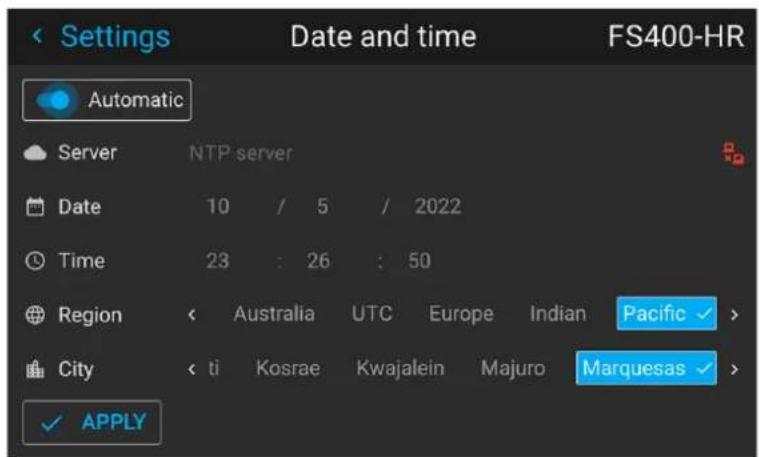 Settings Date and time FS400-HR Automatic Server NTP server Date 10 / 5 / 2022 Time 23 : 26 : 50 Region < Australia UTC Europe Indian Pacific > City < ti Kosrae Kwajalein Majuro Marquesas > ✓ APPLY
