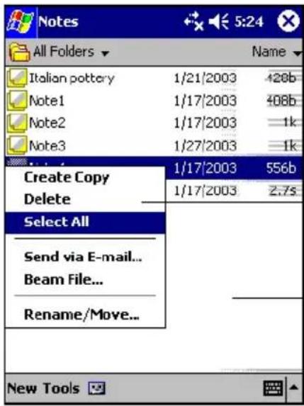 Notes All Folders Italian pottery Note1 Note2 Note3 1/21/2003 1/17/2003 1/17/2003 1/27/2003 1/17/2003 556b 1/17/2003 Z.7s Select All Send via E-mail... Beam File... Rename/Move... New Tools