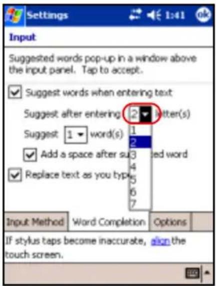 Settings Input Suggested words pop-up in a window above the input panel. Tap to accept. ✓ Suggest words when entering text Suggest after entering 2 letter(s) Suggest 1 word(s) 1 2 ✓ Add a space after sub 3 added word ✓ Replace text as you type 4 6 7 Input Method Word Completion Options If stylus taps become inaccurate, sign the touch screen.