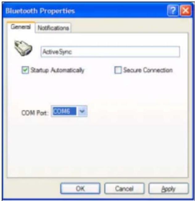Bluetooth Properties General Notifications Active Sync Startup Automatically Secure Connection COM Port: COM6 OK Cancel Apply