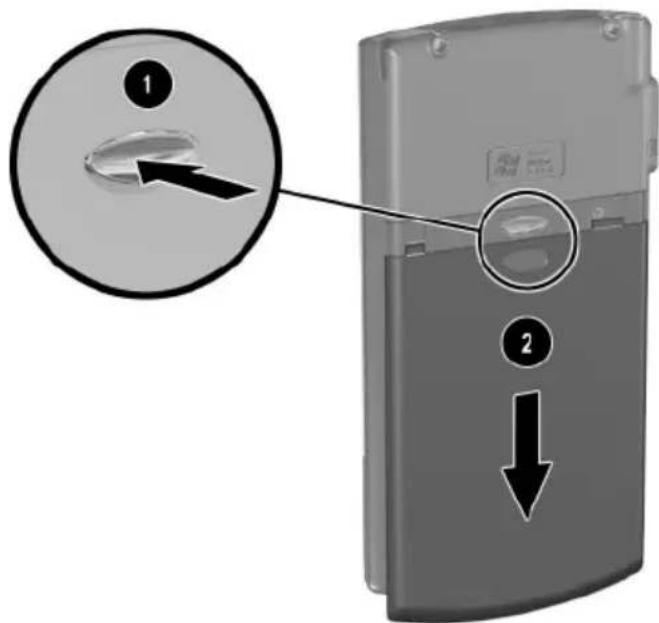 Diagram showing a device with a labeled button and directional arrow, highlighting a specific component.