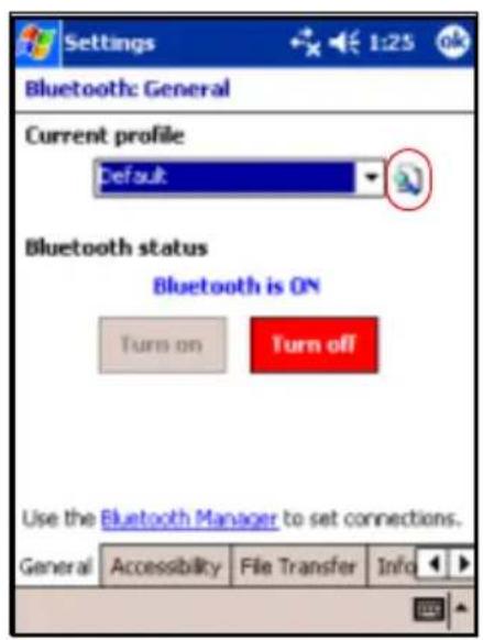 Settings Bluetooth: General Current profile Default Bluetooth status Bluetooth is ON Turn on Turn off Use the Bluetooth Manager to set connections. General Accessibility File Transfer Info