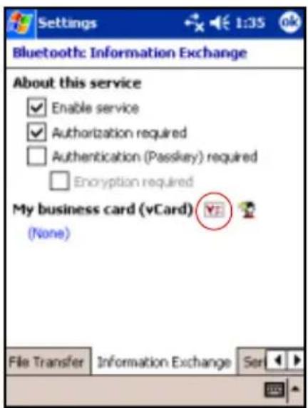 Settings Bluetooth: Information Exchange About this service Enable service Authorization required Authentication (Passkey) required Encryption required My business card (vCard) (None) File Transfer Information Exchange Ser