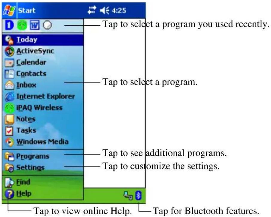 Start 4:25 Tap to select a program you used recently. Today ActiveSync Calendar Contacts Inbox Internet Explorer iPAQ Wireless Notes Tasks Windows Media Programs Settings Find Help Tap to select a program. Tap to see additional programs. Tap to customize the settings. Tap to view online Help. Tap for Bluetooth features.