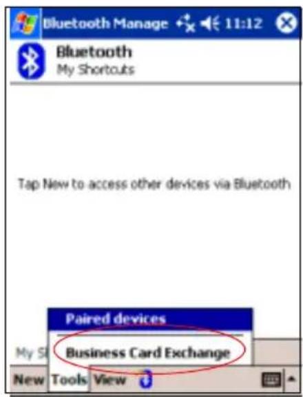 Bluetooth Manage 11:12 Bluetooth My Shortouts Tap New to access other devices via Bluetooth Paired devices Business Card Exchange My SI New Tools View