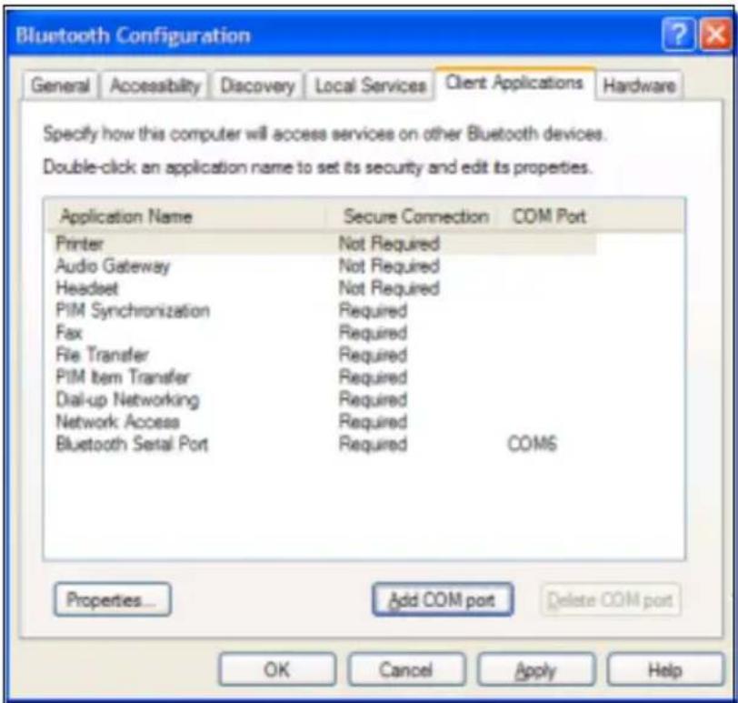 Bluetooth Configuration General Accessibility Discovery Local Services Client Applications Hardware Specify how this computer will access services on other Bluetooth devices. Double-click an application name to set its security and edit its properties. Application Name Secure Connection COM Port Printer Not Required Audio Gateway Not Required Headset Not Required PIM Synchronization Required Fax Required File Transfer Required PIM Item Transfer Required Dial-up Networking Required Network Access Required Bluetooth Serial Port Required COM6 Properties... Add COM port Delete COM port OK Cancel Apply Help