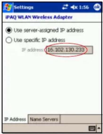 iPAQ WLAN Wireless Adapter Use server-assigned IP address Use specific IP address IP address 16.102.130.233 IP Address Name Servers