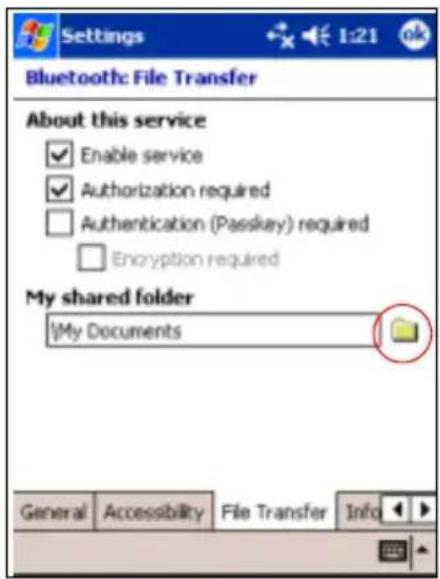 Settings Bluetooth: File Transfer About this service Enable service Authorization required Authentication (Passkey) required Encryption required My shared folder My Documents General Accessibility File Transfer Info