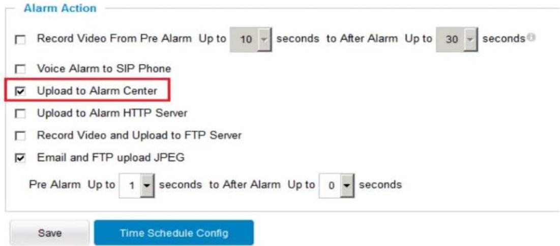 Alarm Action Record Video From Pre Alarm Up to 10 seconds to After Alarm Up to 30 seconds Voice Alarm to SIP Phone Upload to Alarm Center Upload to Alarm HTTP Server Record Video and Upload to FTP Server Email and FTP upload JPEG Pre Alarm Up to 1 seconds to After Alarm Up to 0 seconds Save Time Schedule Config