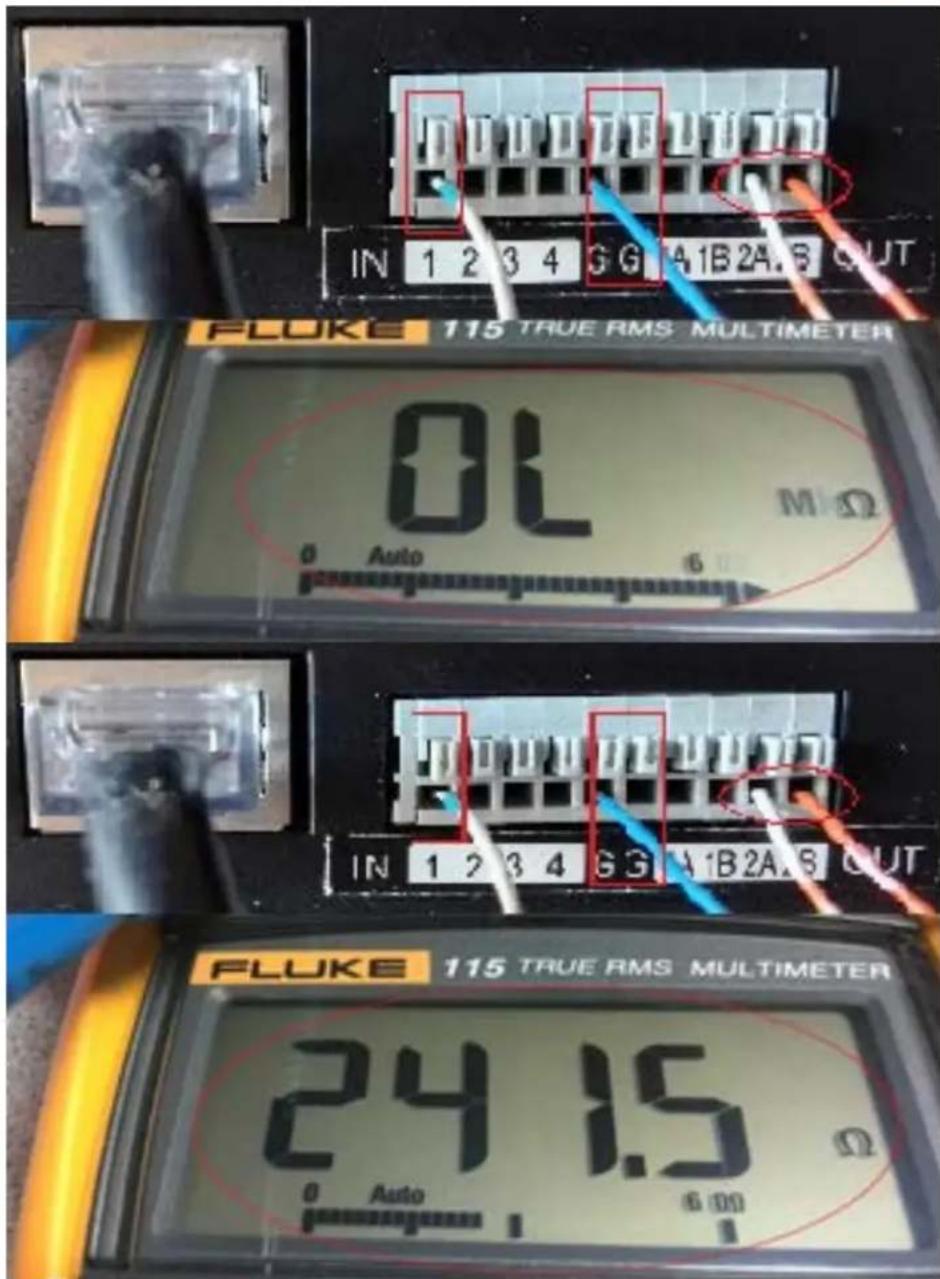 IN 1 2 3 4 GG A1B2A3 OUT FLOKE 115 TRUE RMS MULTIMETER 0 L M Ω Auto 6 IN 1 2 3 4 GG A1B2A3 OUT FLUKE 115 TRUE RMS MULTIMETER 24.15 Ω 0 Auto 6:00