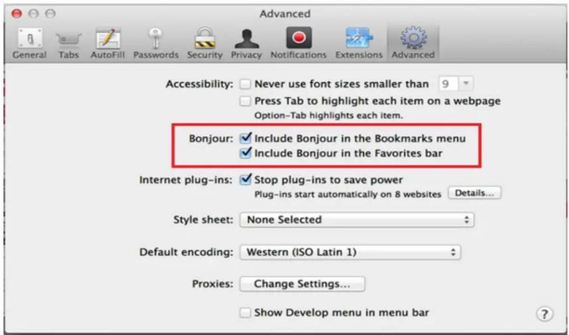 Advanced General Tabs AutoFill Password Security Privacy Notifications Extensions Advanced Accessibility: Never use font sizes smaller than 9 Press Tab to highlight each item on a webpage Option-Tab highlights each item. Bonjour: Include Bonjour in the Bookmarks menu Include Bonjour in the Favorites bar Internet plug-ins: Stop plug-ins to save power Plug-ins start automatically on 8 websites Details... Style sheet: None Selected Default encoding: Western (ISO Latin 1) Proxies: Change Settings... Show Develop menu in menu bar