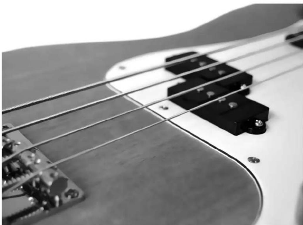 Close-up of a black-and-white photo of an electric guitar fretboard with visible key and traces (no text or symbols)