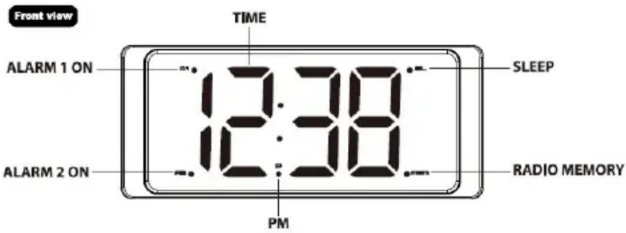 Front view TIME ALARM 1 ON 12:38 SLEEP ALARM 2 ON PM RADIO MEMORY