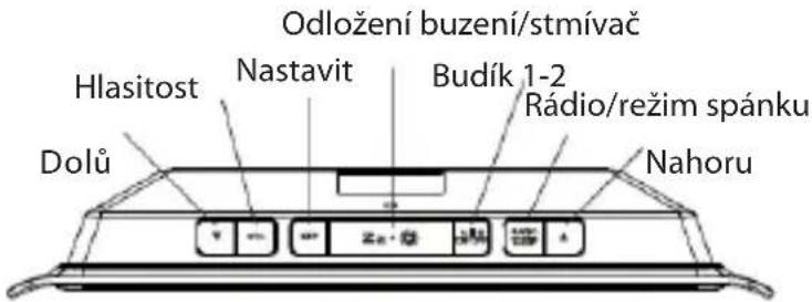 Odložení buzení/stmívač Hlasitost Nastavit Budík 1-2 Rádio/režim spánku Dolů Nahoru
