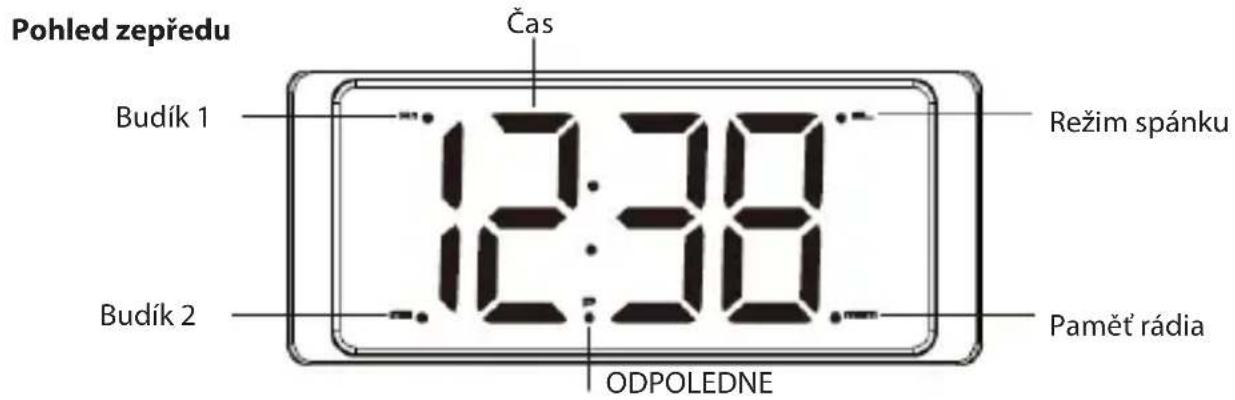 Pohled zepředu Čas Budík 1 12:38 Režim spánku Budík 2 Paměť rádia ODPOLEDNE