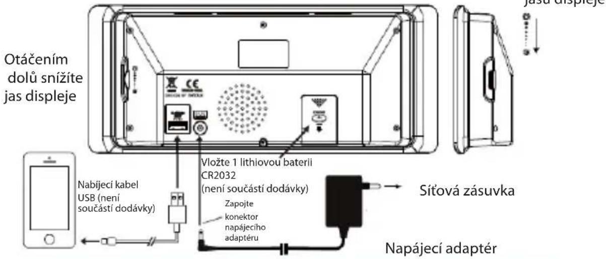 Otáčením dolů snížite jas displeje Vložte 1 lithiovou baterii CR2032 (není součástí dodávky) Zapojte konektor napájecího adaptéru Sítová zásuvka Nabíjecí kabel USB (není součástí dodávky) Napájecí adaptér