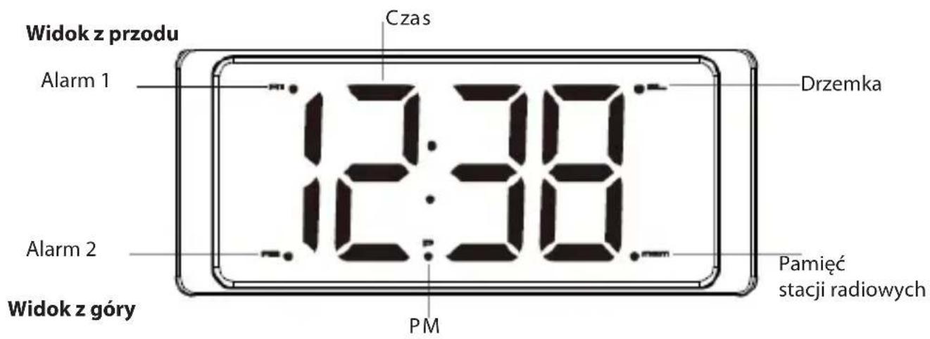 Widok z przodu Czas Alarm 1 12:38 Drzemka Alarm 2 Pamięć stacji radiowych PM Widok z góry