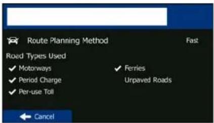 Route Planning Method Road Types Used ✓ Motorways ✓ Period Charge ✓ Per-use Toll ✓ Ferries Unpaved Roads ← Cancel