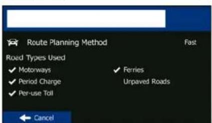 Route Planning Method Road Types Used ✓ Motorways ✓ Period Charge ✓ Per-use Toll ✓ Ferries Unpaved Roads ← Cancel