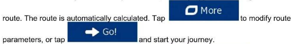 route. The route is automatically calculated. Tap parameters, or tap → Go! More to modify route and start your journey.