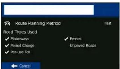 Route Planning Method Road Types Used ✓ Motorways ✓ Period Charge ✓ Per-use Toll ✓ Ferries Unpaved Roads ← Cancel
