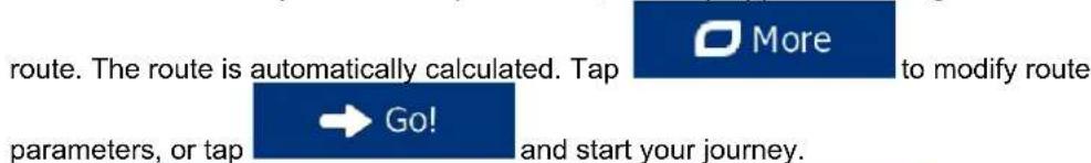 route. The route is automatically calculated. Tap parameters, or tap → Go! More to modify route and start your journey.