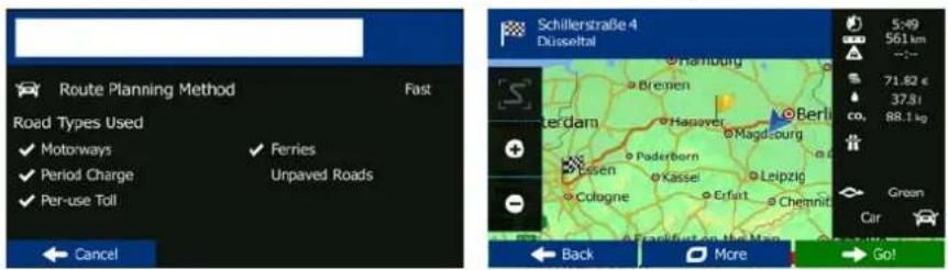 Route Planning Method Road Types Used ✓ Motorways ✓ Period Charge ✓ Per-use Toll ✓ Ferries Unpaved Roads ← Cancel Schillerstraße 4 Düsseldorf 5:49 561km 71,82 € 37,81 co. 88,1 kg ← Back More → Go!