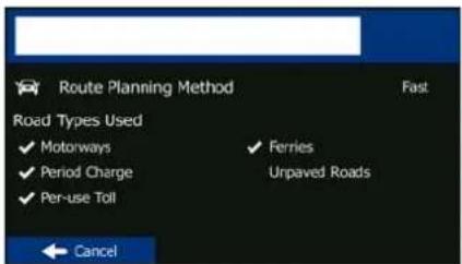 Route Planning Method Road Types Used ✓ Motorways ✓ Period Charge ✓ Per-use Toll ✓ Ferries Unpaved Roads ← Cancel