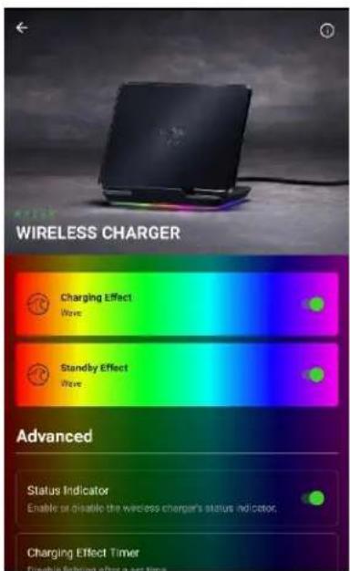 WIRELESS CHARGER Charging Effect Wave Standby Effect Wave Advanced Status Indicator Enable or disable the wireless charger's status indicator. Charging Effect Timer