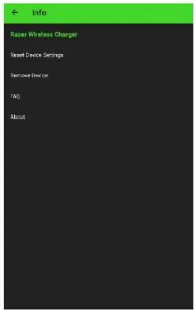 Info Razer Wireless Charger Reset Device Settings Remove Device FAO About