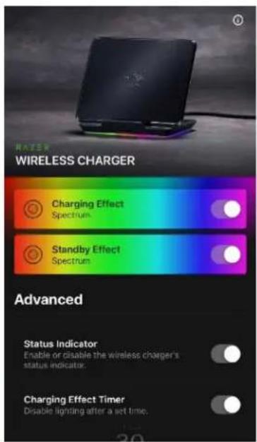 RATER WIRELESS CHARGER Charging Effect Spectrum Standby Effect Spectrum Advanced Status Indicator Enable or disable the wireless charger's status indicator. Charging Effect Timer Disable lighting after a set time.