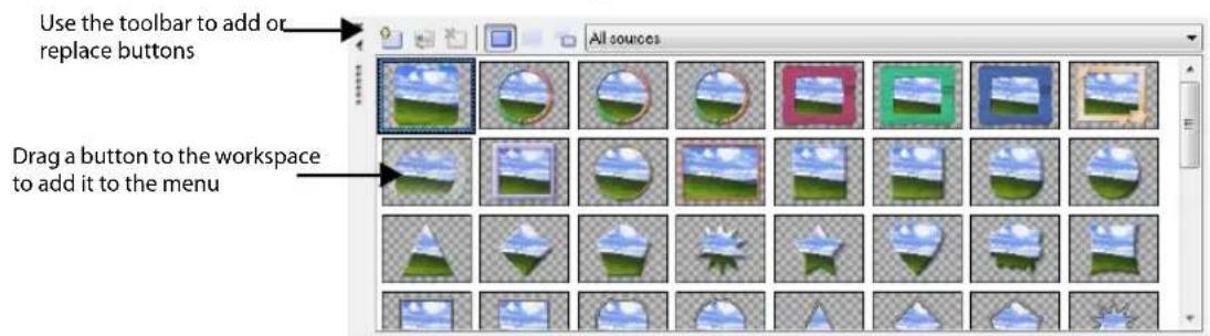 Use the toolbar to add or replace buttons Drag a button to the workspace to add it to the menu