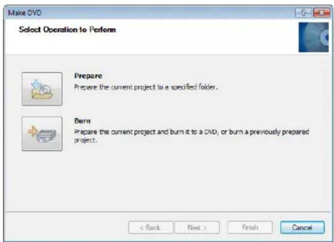 Make DVD Select Operation to Perform Prepare Prepare the current project to a specified folder. Burn Prepare the current project and burn it to a DVD, or burn a previously prepared project. < Back Next > Finish Cancel