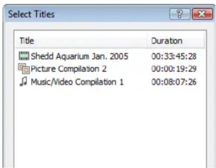 Select Titles Title Duration Shedd Aquarium Jan. 2005 00:33:45:28 Picture Compilation 2 00:00:19:29 Music/Video Compilation 1 00:08:07:26