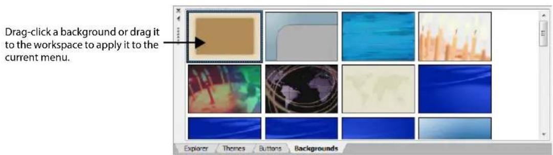 Drag-click a background or drag it to the workspace to apply it to the current menu. Explorer Themes Buttons Backgrounds