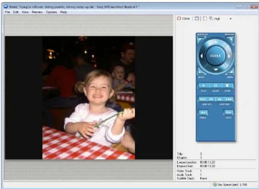 Shield, Trying to roll over, doting parents, Johnny Jump-up.dar - Sony DVD Architect Studio 4.5 * File Edit View Preview Options Help Close High ENTER BACK ADDU PLAY FALSE STOP SIP ACT TARP PRO PREF NEXT Title: 3 Chapter: 3 Looped position: 60.0012.20 Eloaped line: 60.0012.20 Video Track: 1 Audio Track: 1 Subtle Track: None Doc Space Used: 1.769