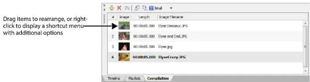 Drag items to rearrange, or right-click to display a shortcut menu with additional options 00:00:05.000 Elyse Dinosaur.JPG 00:00:05.000 Elyse and Dad.JPG 00:00:05.000 Elyse.jpg 00:00:05.000 ElyseCrazy.JPG