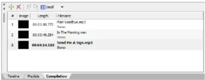 Image Length Filename 1 00:03:10.772 Plain Goodbye.mp3 2 00:03:49.254 In The Morning.mov 3 00:04:14.119 Send Me A Sign.mp3 Timeline Playlists Compilation