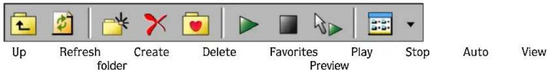 Up Refresh Create Delete Favorites Play Stop Auto View folder Preview