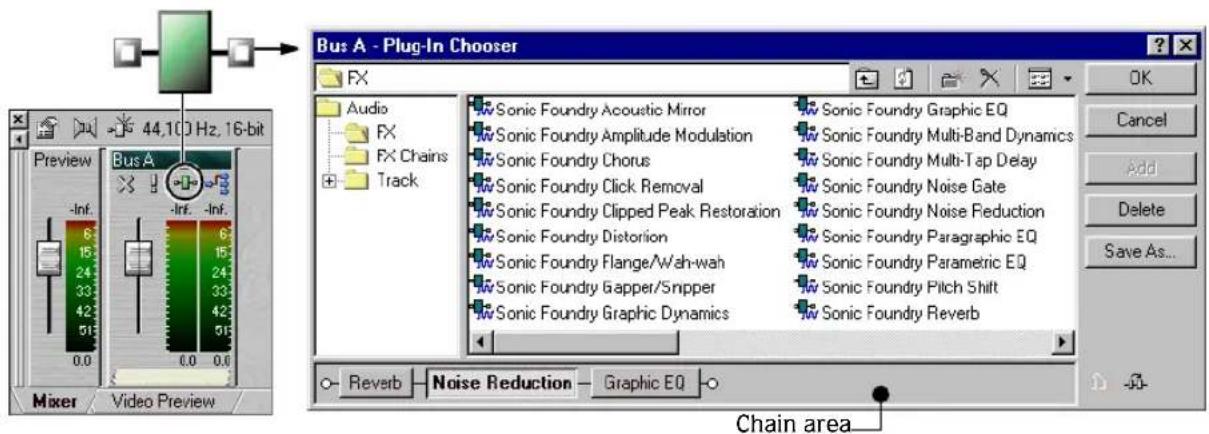 Bus A - Plug-In Chooser FX Audio FX FX Chains Track Sonic Foundry Acoustic Mirror Sonic Foundry Amplitude Modulation Sonic Foundry Chorus Sonic Foundry Click Removal Sonic Foundry Clipped Peak Restoration Sonic Foundry Distortion Sonic Foundry Flange/Wah-wah Sonic Foundry Gapper/Snpper Sonic Foundry Graphic Dynamics Sonic Foundry Graphic EQ Sonic Foundry Multi-Band Dynamics Sonic Foundry Multi-Tap Delay Sonic Foundry Noise Gate Sonic Foundry Noise Reduction Sonic Foundry Paragraphic EQ Sonic Foundry Parametric EQ Sonic Foundry Pitch Shift Sonic Foundry Reverb Reverb Noise Reduction Graphic EQ Chain area
