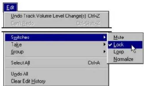 Edit Undo Track Volume Level Change(s) Ctrl+Z Can't Bedo Ctrl+Shift-Z Switches Take Group Select All Ctrl+A Undo All Clear Edit History Mute Lock Loop Normalize
