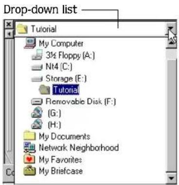 Drop-down list Tutorial My Computer 3½ Floppy (A:) Nt4 (C:) Storage (E:) Tutorial Removable Disk (F:) (G:) (H:) My Documents Network Neighborhood My Favorites My Briefcase