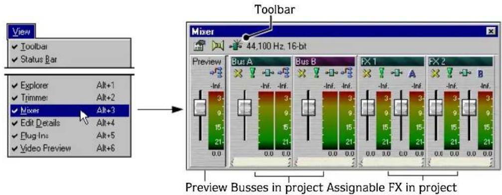 View ✓ Toolbar ✓ Status Bar ✓ Explorer Alt+1 ✓ Trimmer Alt+2 ✓ Mixer Alt+3 ✓ Edit Details Alt+4 ✓ Plug Ins Alt+5 ✓ Video Preview Alt+6 Toolbar Mixer 44,100 Hz, 16-bit Preview Bus A Bus B FX 1 FX 2 Preview Busses in project Assignable FX in project