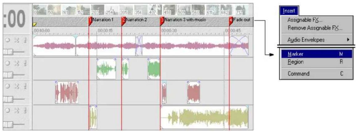 00 1 Narration 1 2 Narration 2 3 Narration 3 with music 4 Fade out Insert Assignable FX... Remove Assignable FX... Audio Envelopes Marker Region R Command C