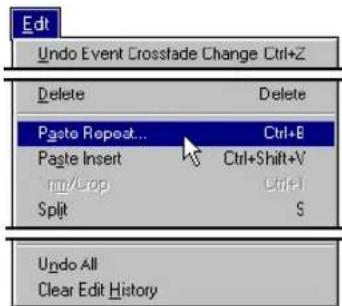 Edit Undo Event Crossfade Change Ctrl+Z Delete Delete Paste Repeat... Ctrl+B Paste Insert Ctrl+Shift+V rm/lop Ctrl+I Split $S Undo All Clear Edit History