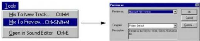 Tools Mix To New Track... Ctrl+M Mix To Preview... Ctrl-Shift+M Open in Sound Editor Ctrl+E Preview as Preview as: Microsoft FFT window OK Cancel Templates: Project Default Description: Render as 44.100Hz, 15bit, Stereo PCM wave File