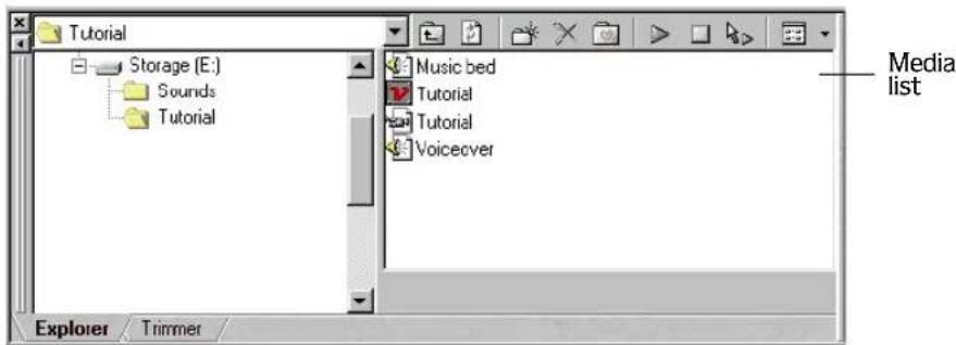 Tutorial Storage [E.] Sounds Tutorial Music bed Tutorial Tutorial Voiceover Media list Explorer Trimmer