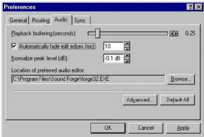 Preferences General Routing Audio Sync Playback buitering (seconds): 0.25 ✓ Automatically fade edit edges (ms): 10 Normalize peak level (dB): -0.1 dB Location of preferred audio editor: C:\Program Files\Sound Forge\forge32.EXE Browse... Advanced... Default All OK Cancel Apply