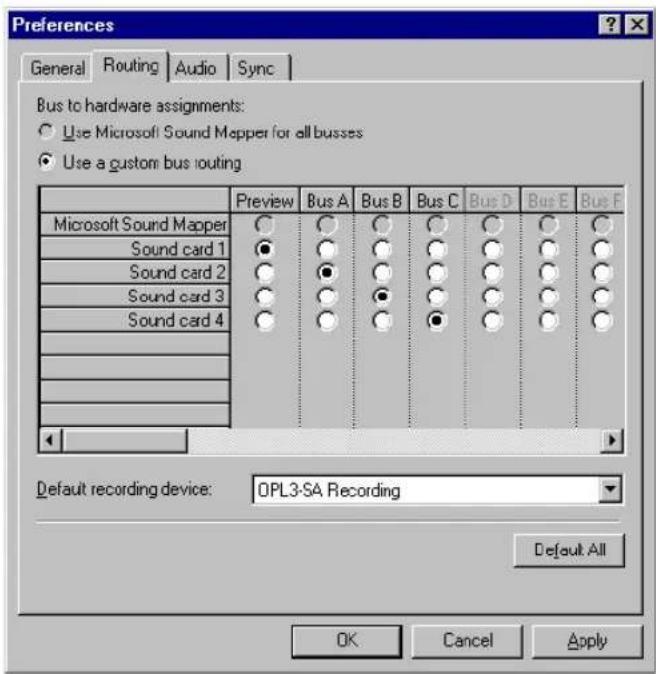 Preferences General Routing Audio Sync Bus to hardware assignments: Use Microsoft Sound Mapper for all busses Use a custom bus routing Preview Bus A Bus B Bus C Bus D Bus E Bus F Microsoft Sound Mapper Sound card 1 Sound card 2 Sound card 3 Sound card 4 Default recording device: OPL3-SA Recording Default All OK Cancel Apply